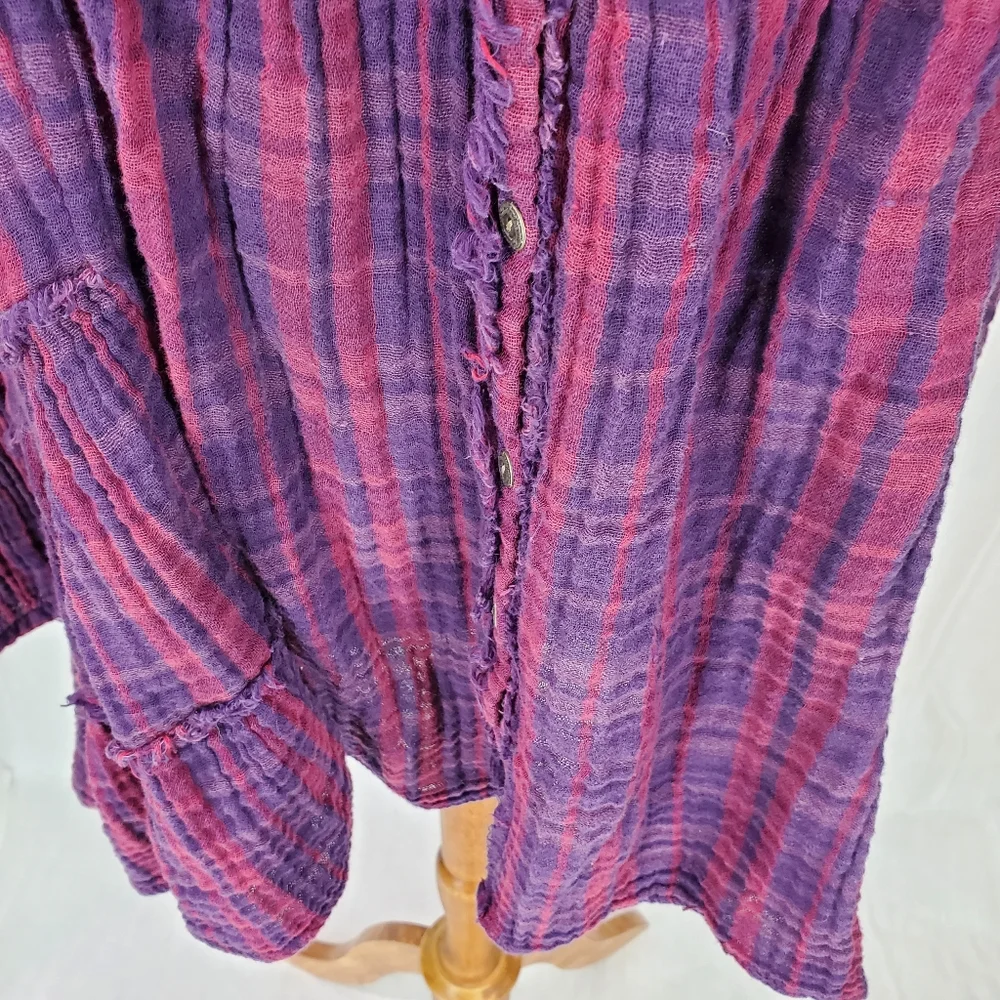 Free People Whistle While You Work Gauzy Purple Plaid Tiered Button Up Tunic Top - Picture 10 of 15